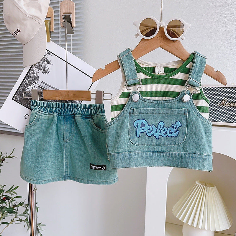 Cute Girl's Summer Denim Outfit Set, New Baby Summer Sleeveless Top with Strap Skirt Three-Piece Set