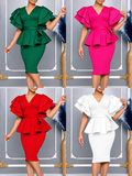 Women's ruffle sleeve peplum bodycon dress in green, pink, red, and white