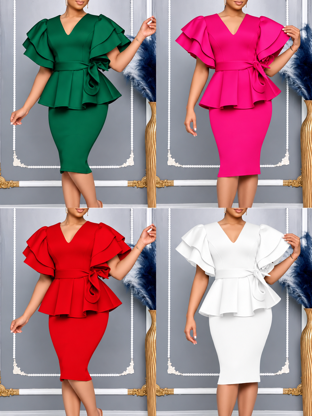 Women's ruffle sleeve peplum bodycon dress in green, pink, red, and white