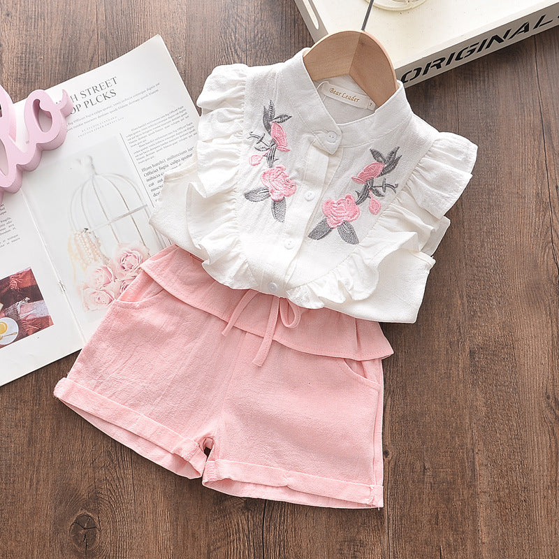 Girls' Floral Embroidered Sleeveless Shirt & Shorts Casual Two-Piece Set
