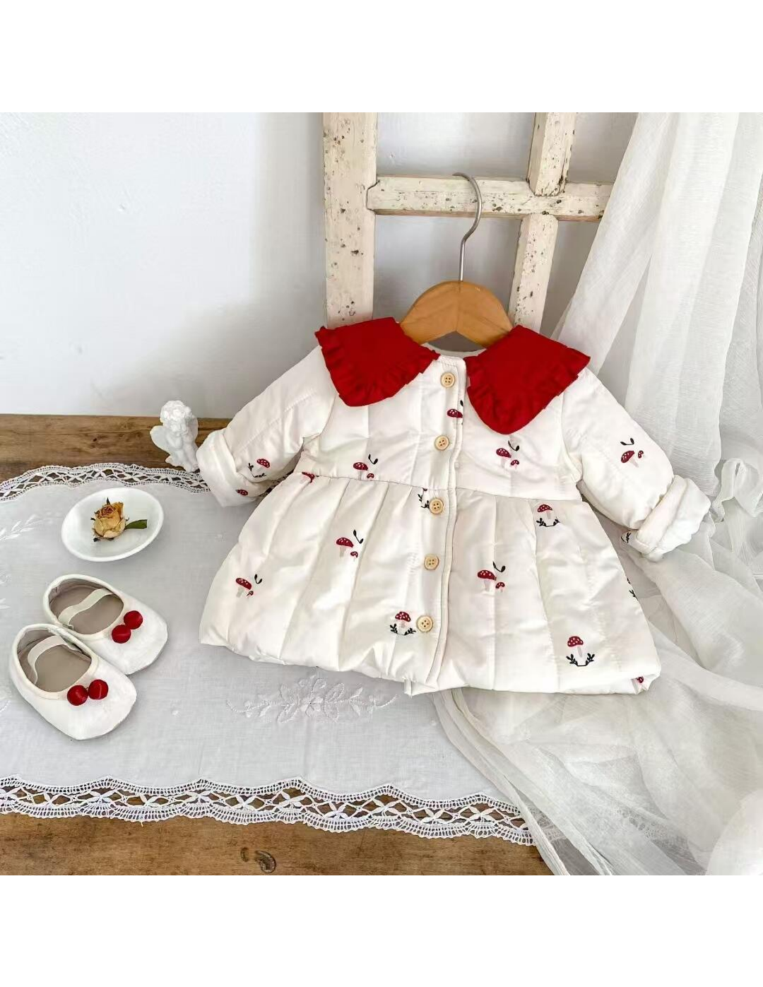 Baby Girl Padded Winter Coat with Red Collar & Embroidered Print | $7 Each | MOQ 12