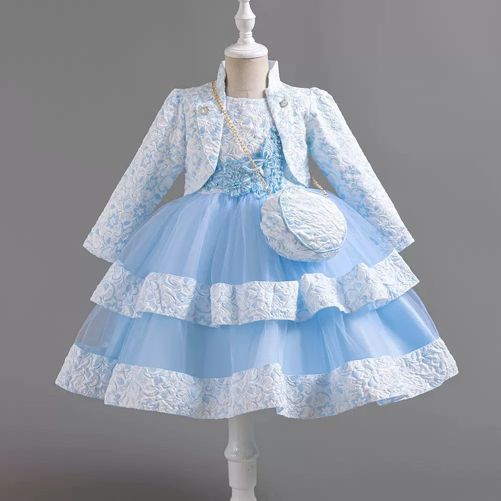 Wholesale Girls Elegant Princess Dress Set with Matching Jacket & Purse – MOQ 50 Mixed Colors – 10 Pieces Per Color – $8 Each