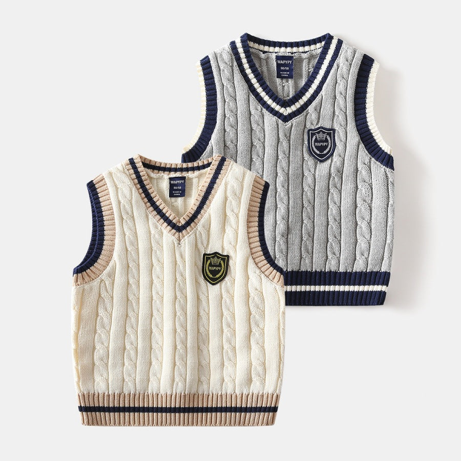 Boys Knitted V-Neck Vest — Kids Cotton Pullover Sleeveless Sweater (Sizes 90-130cm)