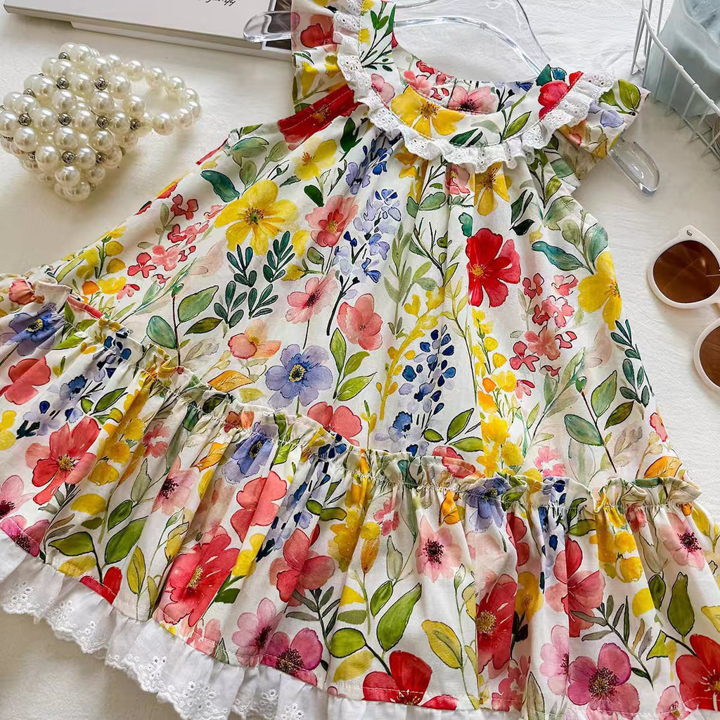 Floral Print Sleeveless Dress for Girls with Peter Pan Collar and Lace Trim Princess Style Dress
