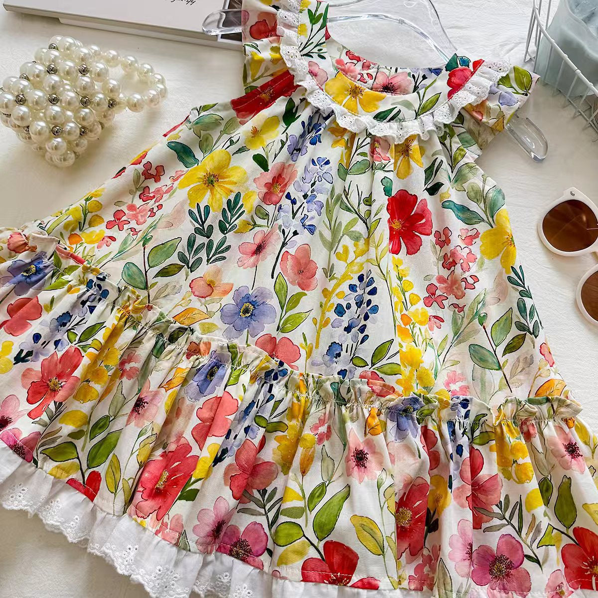 Floral Print Sleeveless Dress for Girls with Peter Pan Collar and Lace Trim Princess Style Dress