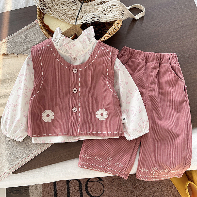 Baby girl autumn baby girl corduroy vest long sleeved three piece set