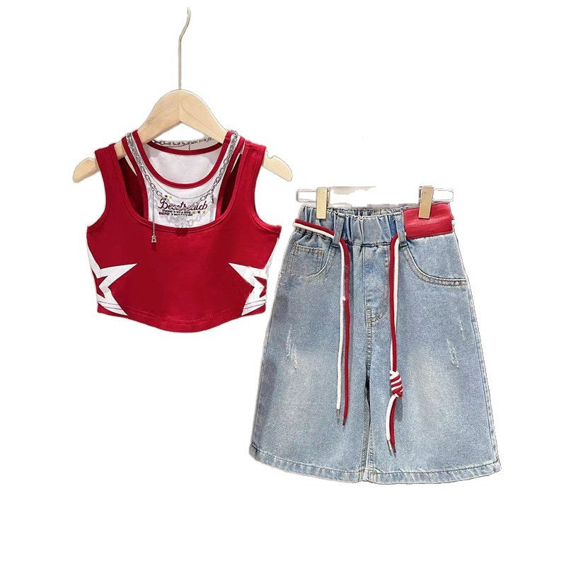 Fashionable Summer Outfit for Girls, Stylish Short Sleeve Trendy Denim Mid-Length Pants Two-Piece Set