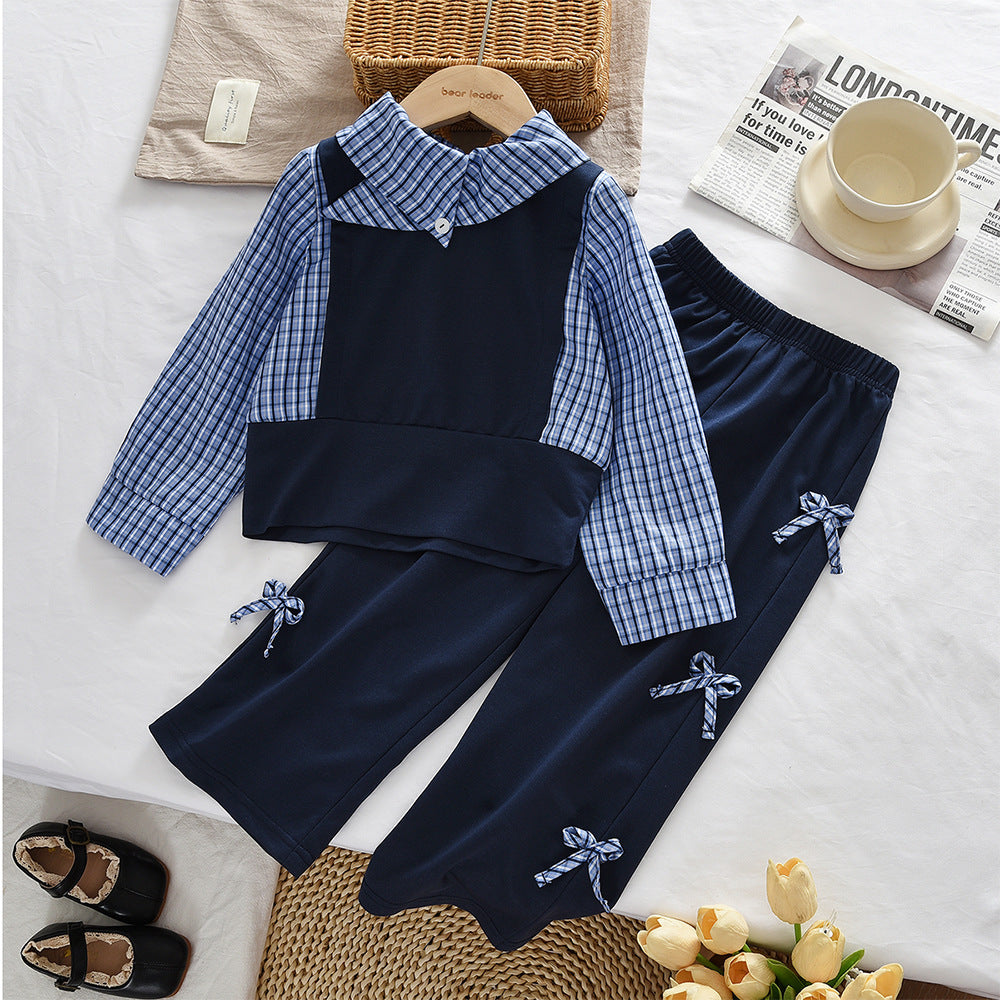 Girls' Sporty Two-Piece Set with Long Sleeve Mock Two-Piece Top and Bow Pants