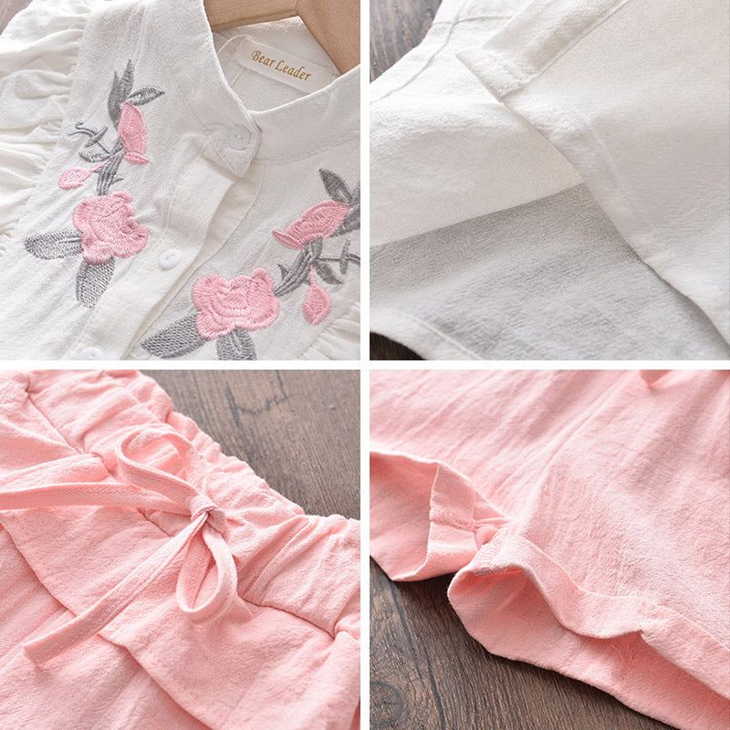 Girls' Floral Embroidered Sleeveless Shirt & Shorts Casual Two-Piece Set
