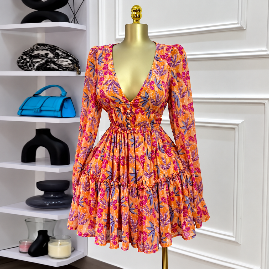 Women's Orange Floral Long-Sleeve Ruffle Dress, Sizes S–XL, $5.80 Each, Packs of 6–12, Code Mix-GC-206