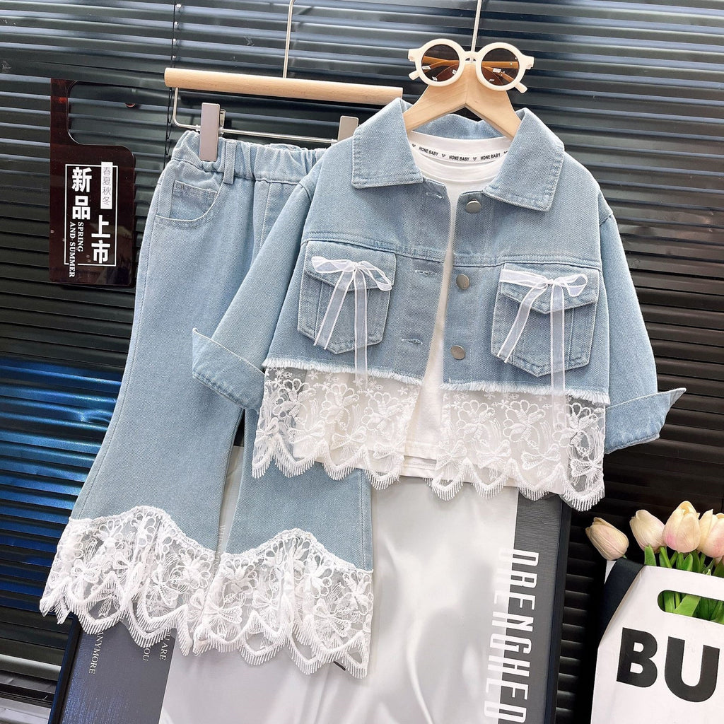 Girls' Spring and Autumn New Fashion Kids Clothing Set, Denim Lace Patchwork Jacket with Denim Pants, Stylish Two-Piece Outfit