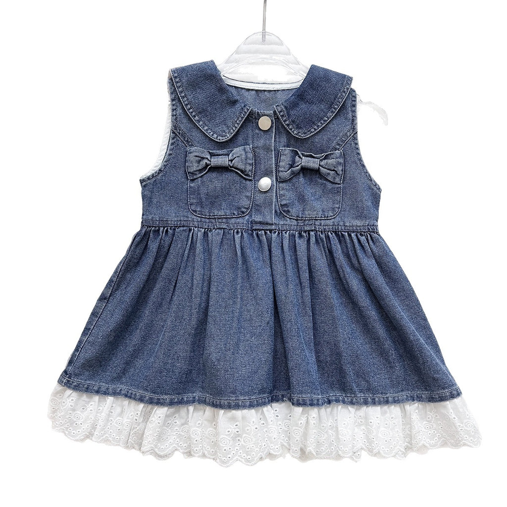 Charming Girls' Denim Dress with Butterfly Knot and Lace Splicing Sleeveless Dress for Summer Fashion Kids Clothing