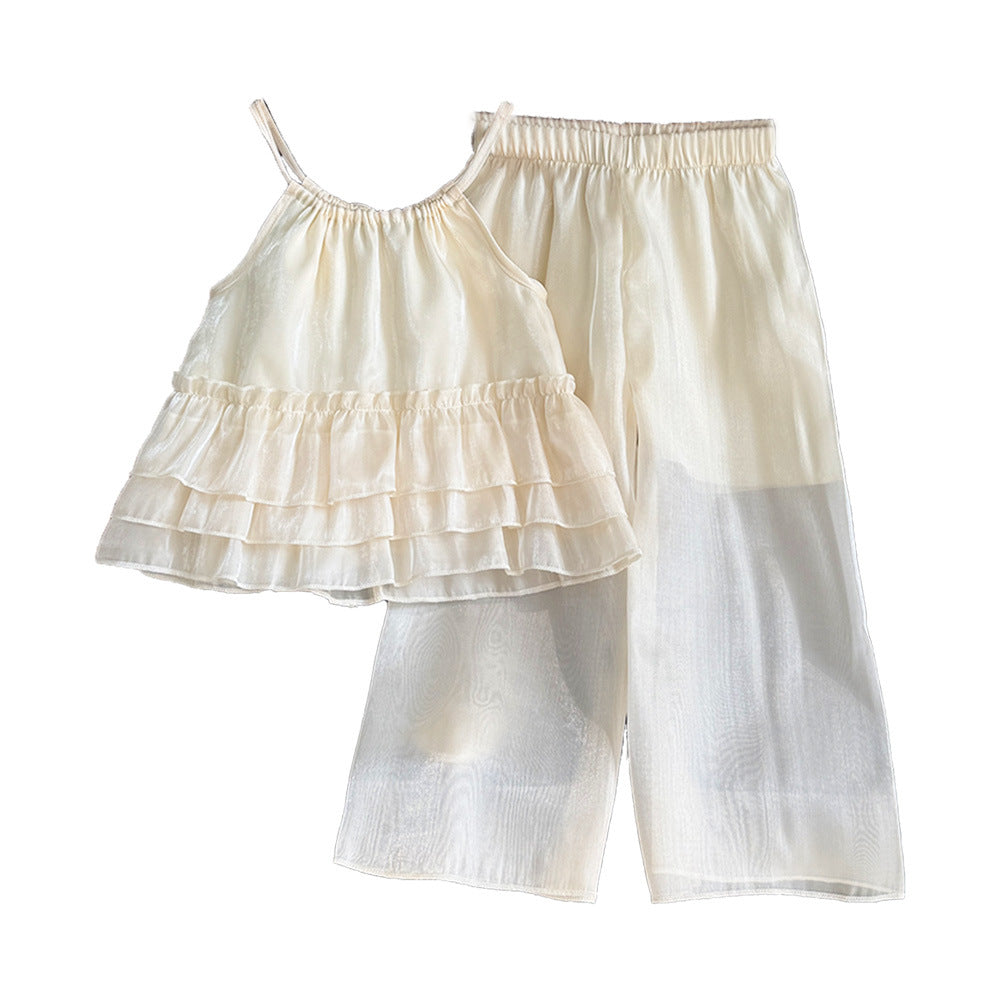 Chic Summer Outfit for Baby Girls, Simple and Fashionable Two-Piece Set with Ruffle Strap Top and Wide Leg Pants