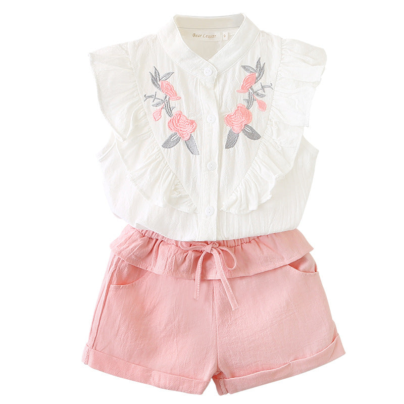 Girls' Floral Embroidered Sleeveless Shirt & Shorts Casual Two-Piece Set