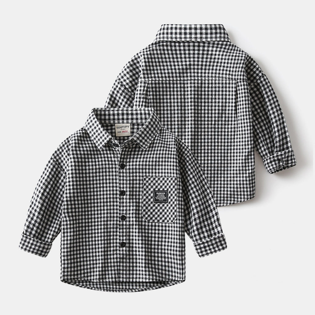 Boys Korean Style Checkered Long Sleeve Shirt — Kids Cotton Casual Top (Sizes 90-140cm)