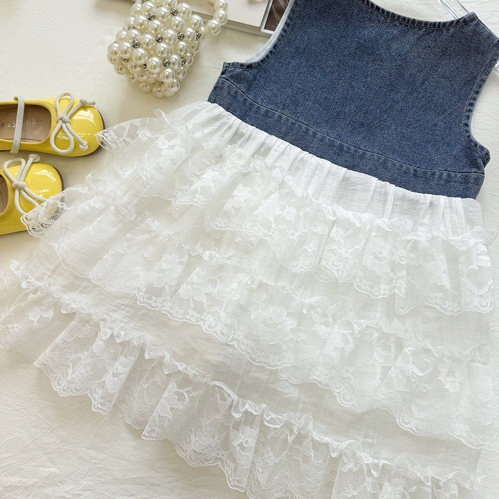 Cotton Blend Lace Sleeveless Dress for Girls, Summer Fashion Style, Princess Cake Skirt with Denim Patchwork Design