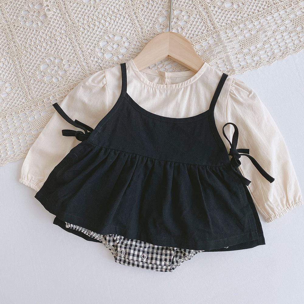 Baby Girl Solid Color Top & Checkered Romper Casual Two-Piece Set