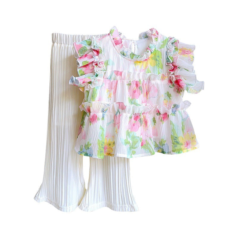 Girls' Korean Style Floral Sleeveless Top & Long Pants Set — Apricot