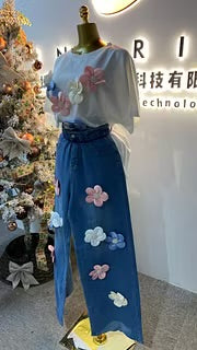 Women's 3D Flower Applique 2-Piece Set – T-Shirt & Jeans | $80.00/set