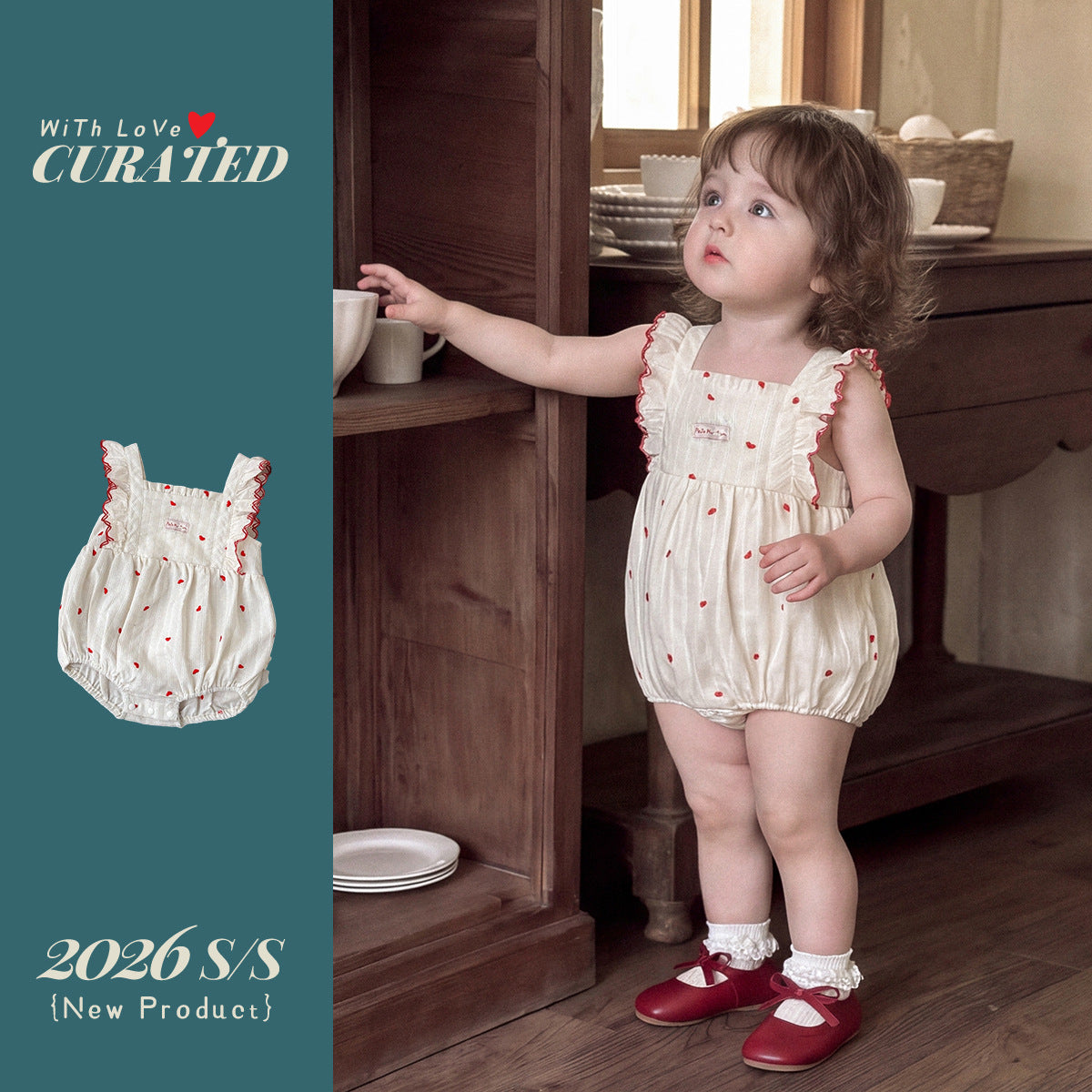 Cotton Romper for Baby Girls, Sweet Ruffled Heart-Shaped Triangular Bodysuit, Baby Girl Onesie Summer