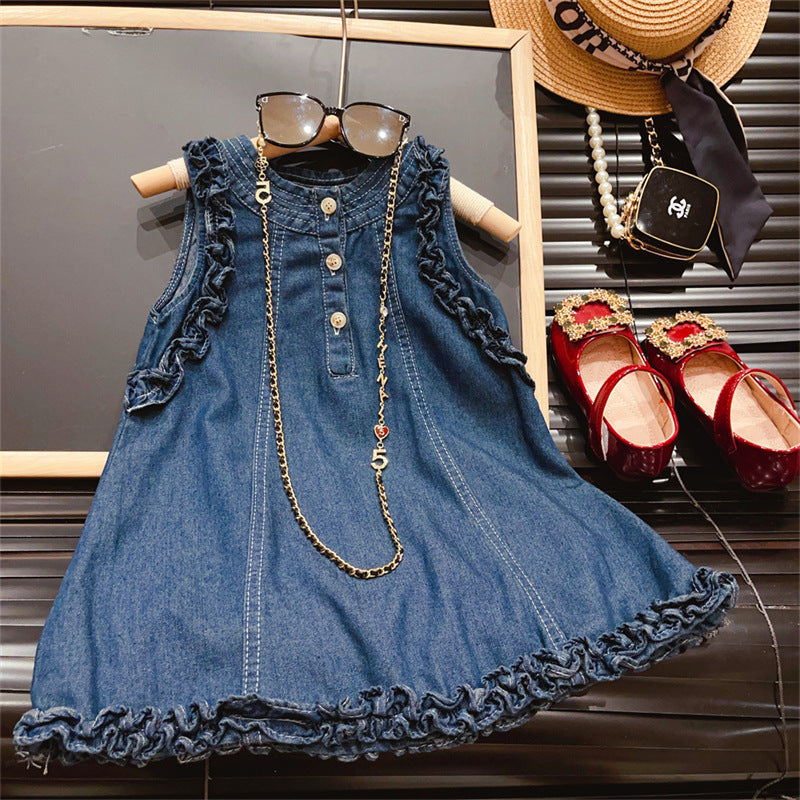Girls Sleeveless Denim Ruffle Dress - Original Photo
