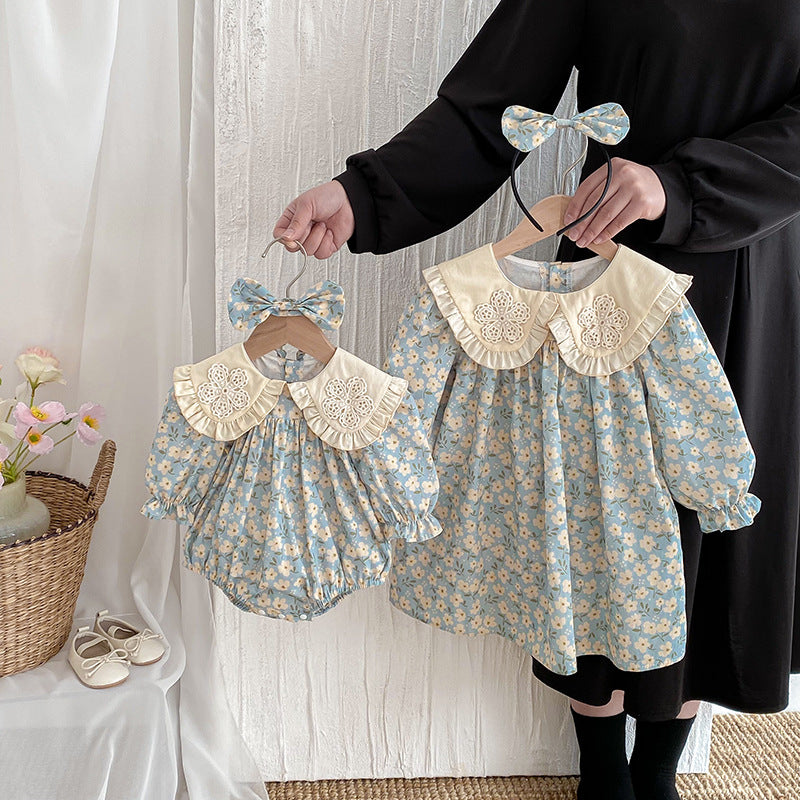 Autumn Baby Clothes Sweet Floral Baby Girl Romper Long Sleeve Dress With Peter Pan Collar Sister Set