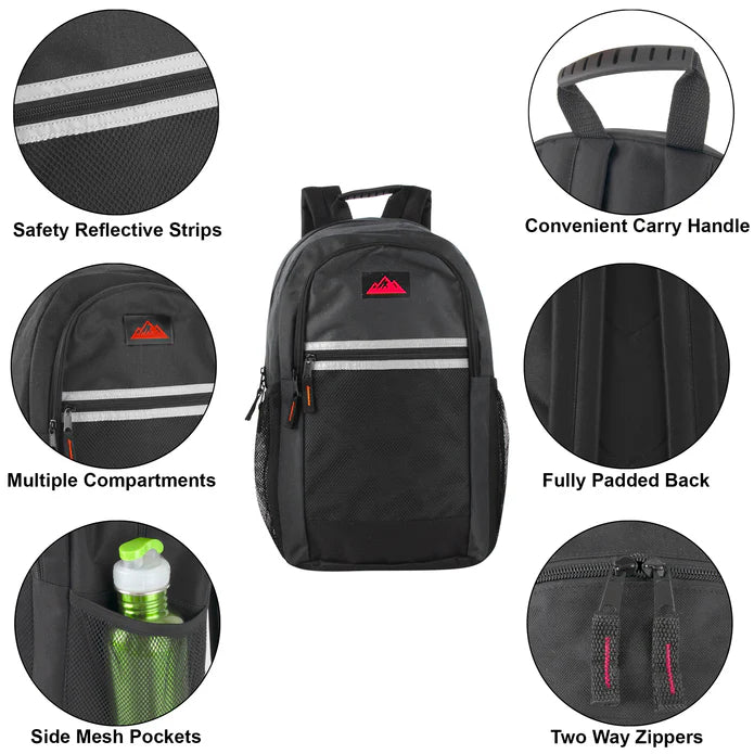 Heavy-Duty 18-Inch Black Backpack Bulk Pack | Reflective Straps | 24 Per Case
