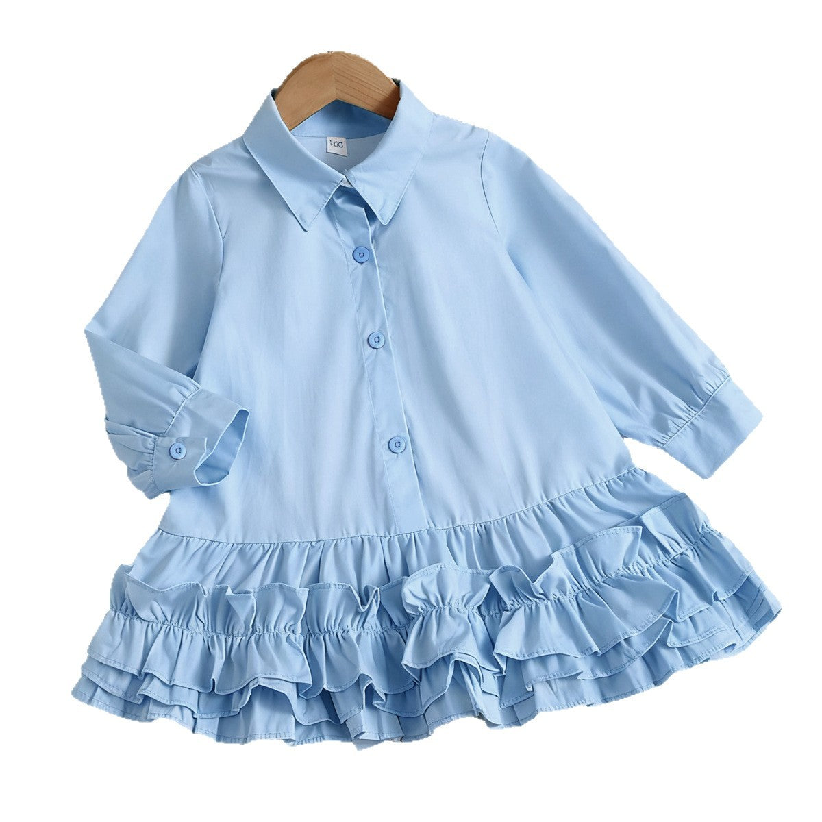Girls' Long Sleeve Shirt Collar Patchwork Dress, Cake Skirt, 3-8 Years Old