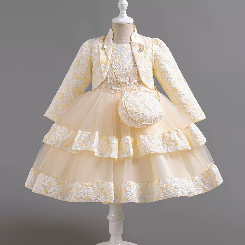 Wholesale Girls Elegant Princess Dress Set with Matching Jacket & Purse – MOQ 50 Mixed Colors – 10 Pieces Per Color – $8 Each