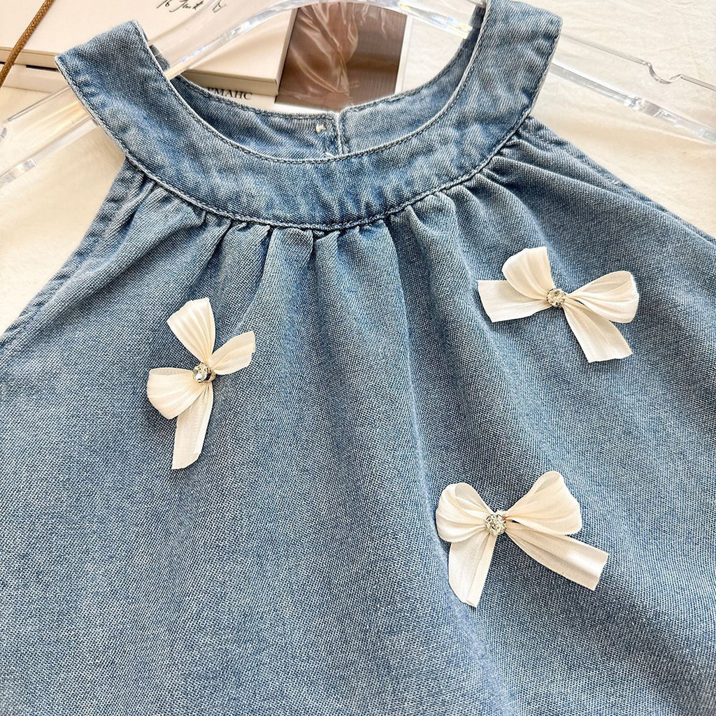 Cute Butterfly Knot Sleeveless Top and Wide Leg Pants Two-Piece Set for Girls, Fashionable Denim Outfit