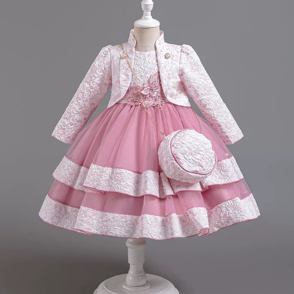 Wholesale Girls Elegant Princess Dress Set with Matching Jacket & Purse – MOQ 50 Mixed Colors – 10 Pieces Per Color – $8 Each