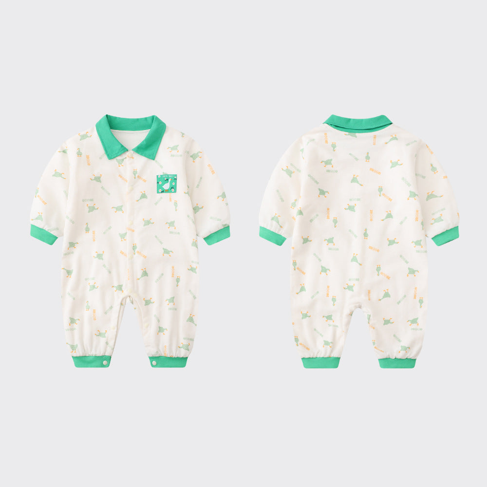 Spring and Autumn  Thin Cotton Baby Onesie, Cartoon Cute Goose Long Sleeve Baby Turn-down Collar Casual Baby Romper