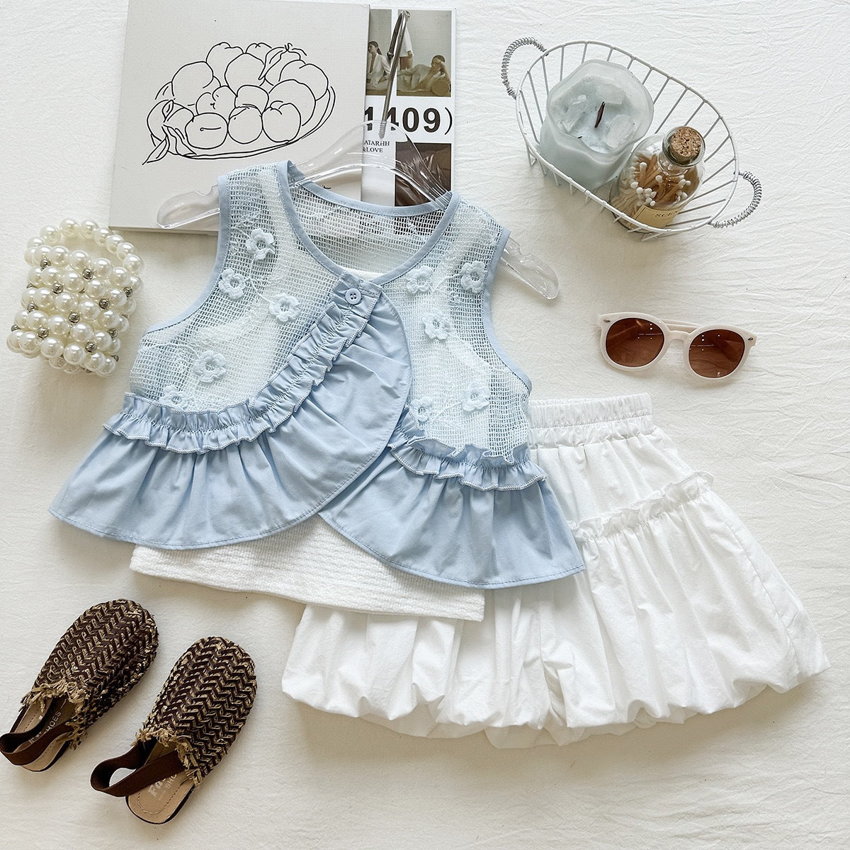 Summer Girls' Outfit Set New Mesh Ruffle Vest Strap Top Bubble Shorts Three-Piece Set Foreign Trade