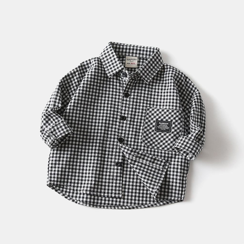 Boys Korean Style Checkered Long Sleeve Shirt — Kids Cotton Casual Top (Sizes 90-140cm)