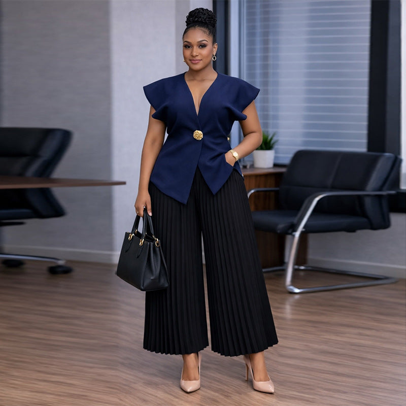 Women's 2-Piece Office Set – Ruffle Top & Pleated Pants | Wholesale $35/set (MOQ 12)