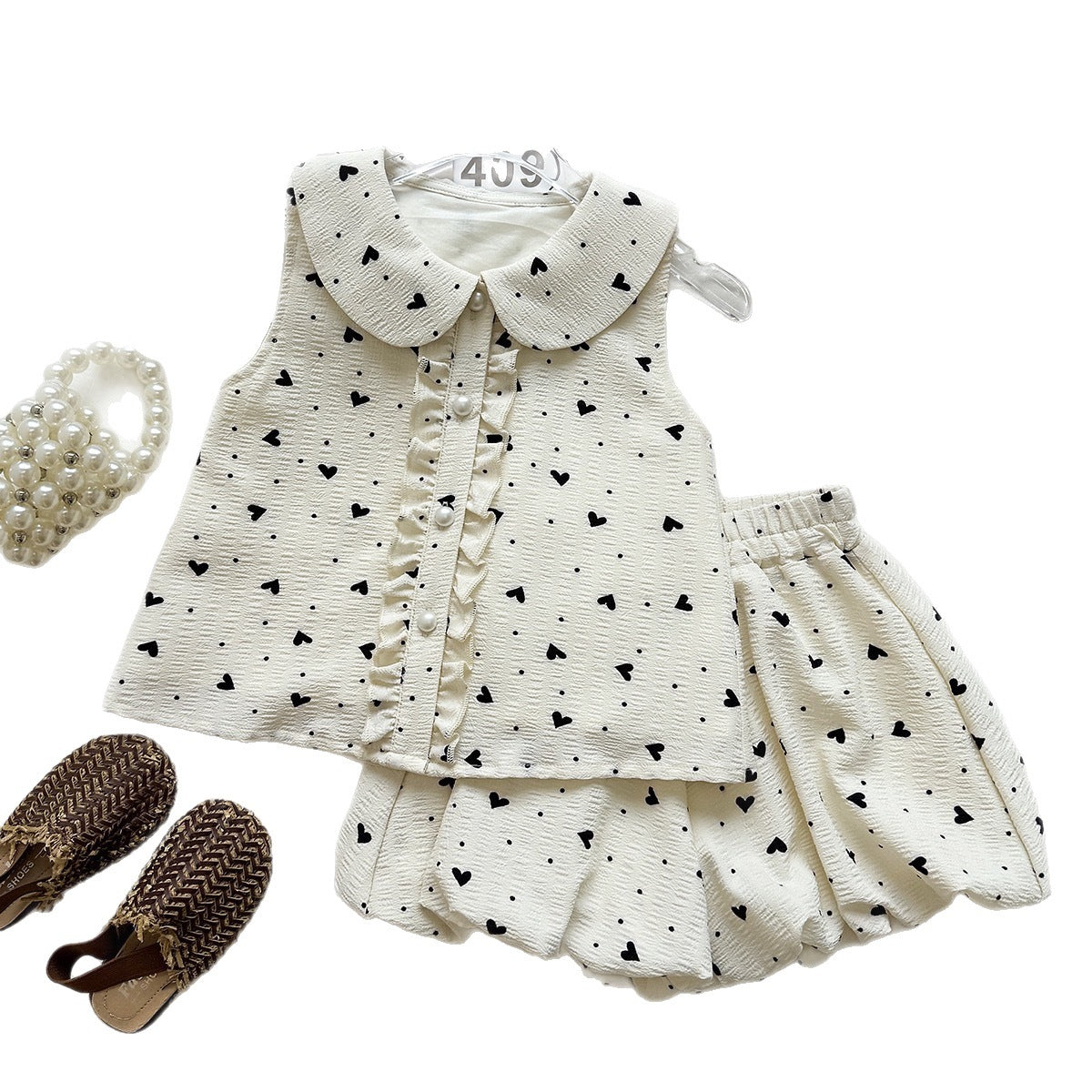 Summer Girls' Set Love Print Sleeveless Vest Top Pom-Pom Shorts  Two-Piece Set