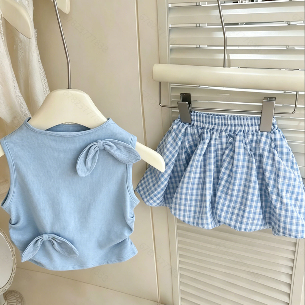 Girls' Sleeveless Bow Vest & Plaid Bubble Skirt Set — Korean Style Kids Outfit