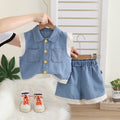 Baby Girl Denim 2-Piece Set – Lace Sleeve Vest & Shorts