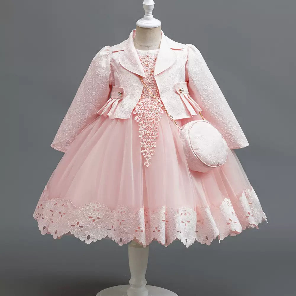 Wholesale Girls Luxury Princess Dress Set with Elegant Lace Jacket & Matching Purse – MOQ 50 Mixed Colors – 10 Pieces Per Color – $12 Each