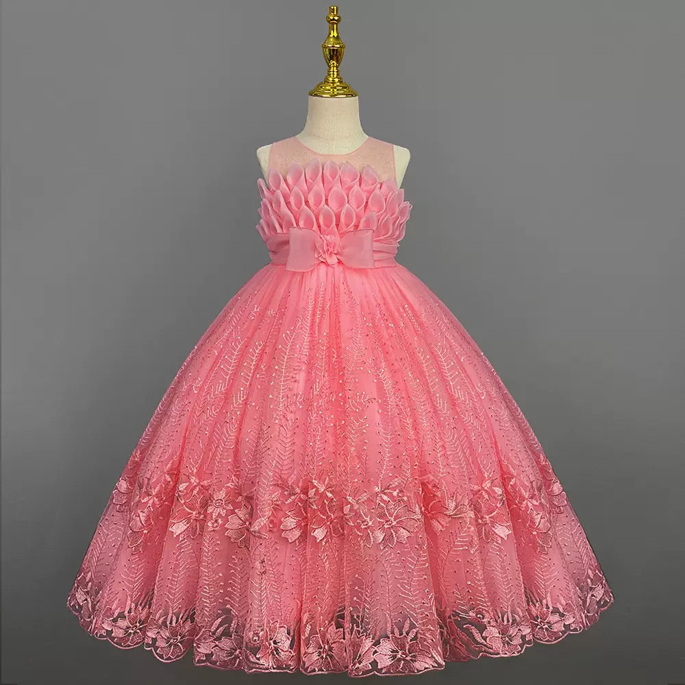 Wholesale Girls Luxury Princess Ball Gown with Floral Lace & Bow Detail – MOQ 50 Mixed Colors – 10 Pieces Per Color – $9Each