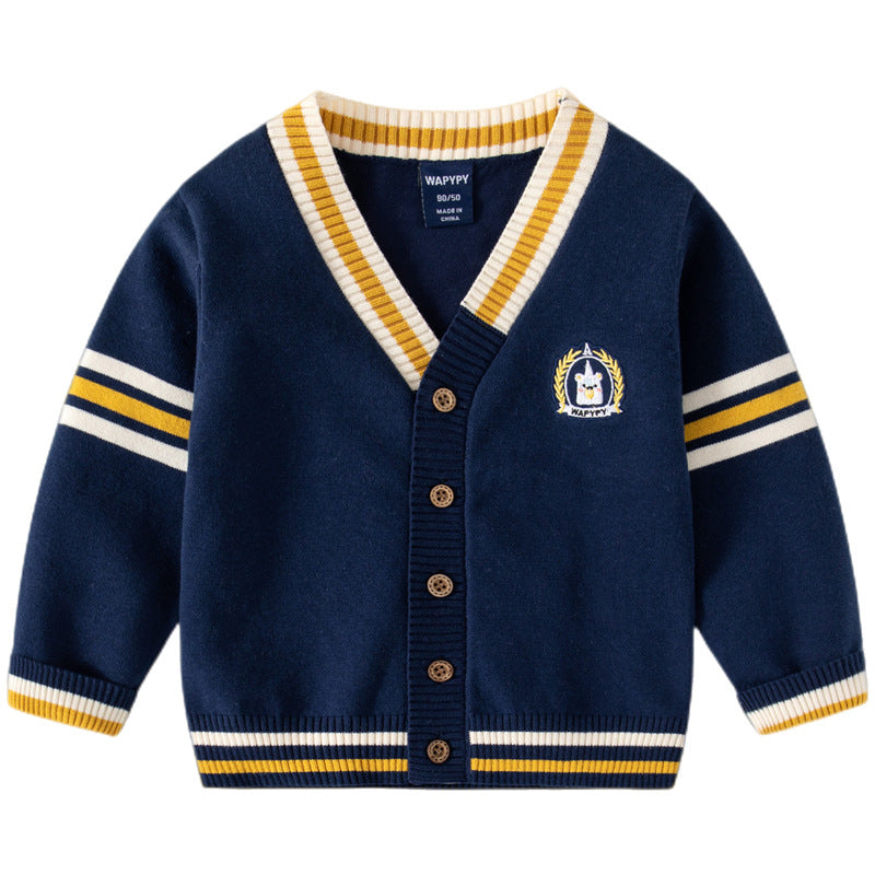Boys' knitted cardigan with baby V-neck embroidery