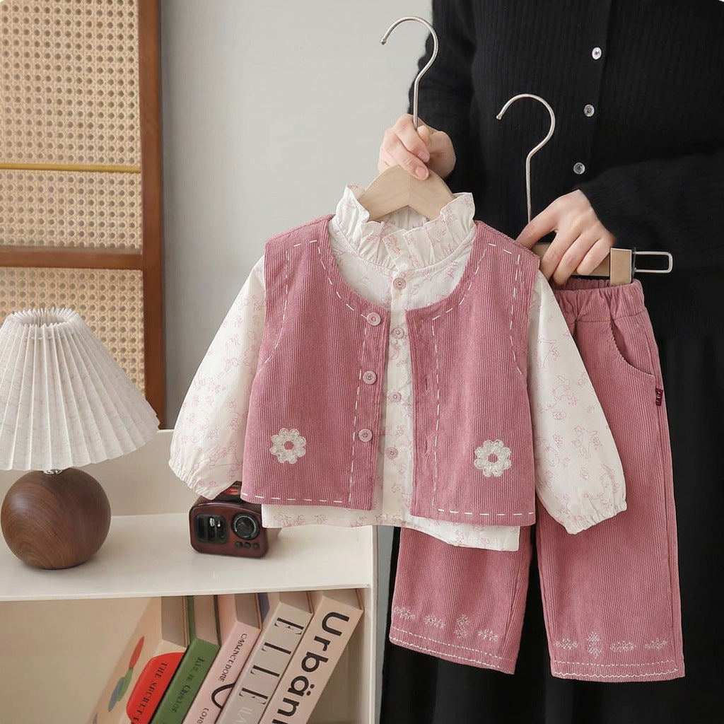 Baby girl autumn baby girl corduroy vest long sleeved three piece set