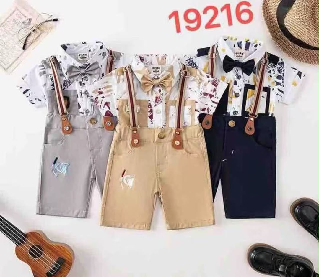 Boys 3-Piece Formal Suspender Set — Shirt, Shorts & Bow Tie | 4 Styles | Wholesale (MOQ 50)