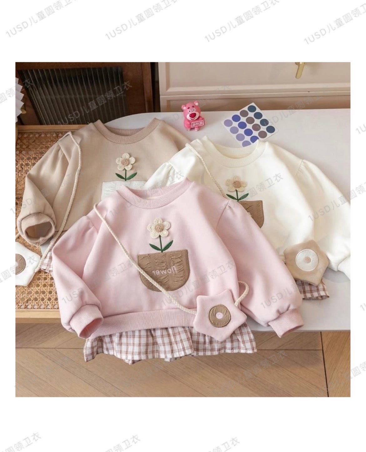 Girls butterfly bow puff sleeve sweatshirt in cream pink and gray