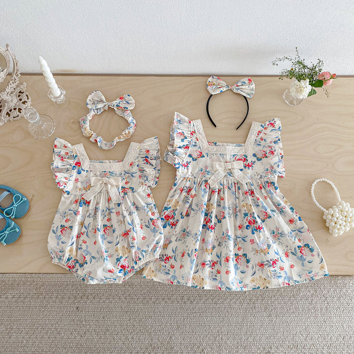 Baby Clothes Summer Baby Full Moon Romper Short Sleeve Sweet Print Princess Dress Stylish Sisters Outfit