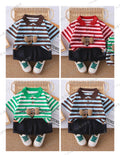 Boys Lovely Elephant stripe polo 2-piece set in blue, red, green and brown