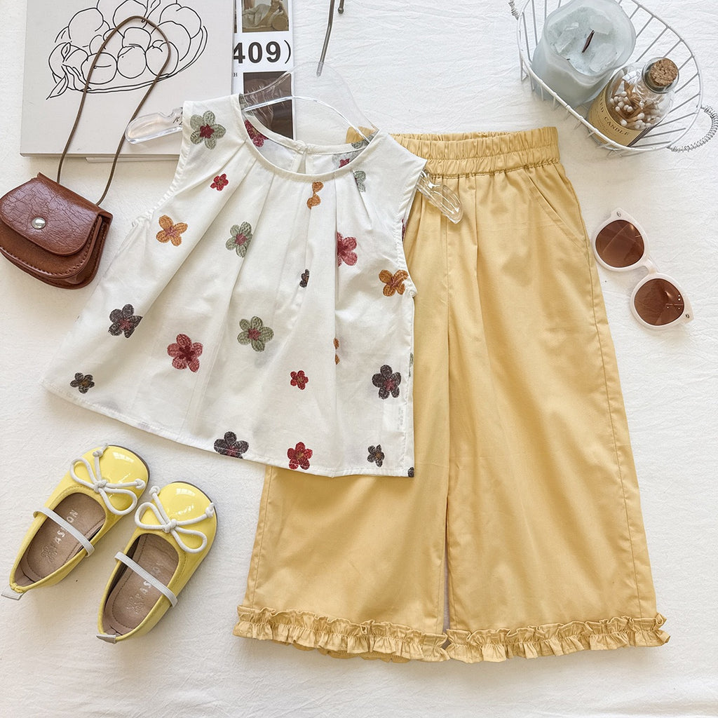 Summer Girl's Outfit Set Sleeveless Floral Top Loose Wide-Leg Pants Vacation Style Two-Piece Set