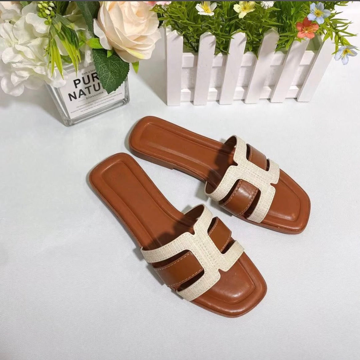 Tan Brown H-Strap Flat Slide Sandals