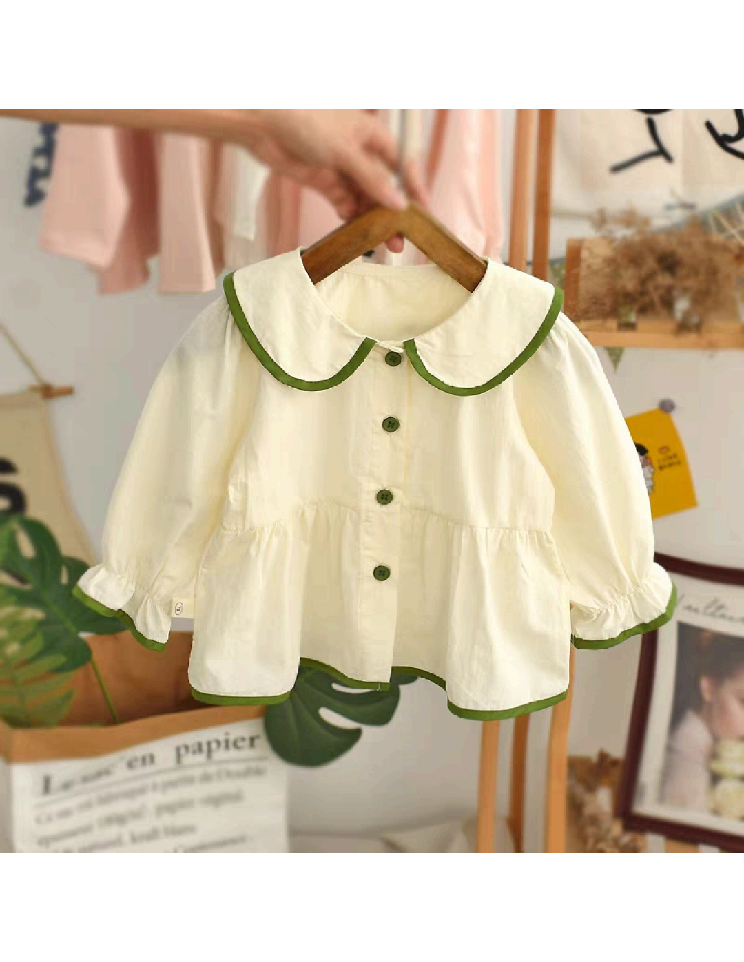 Girls Peter Pan Collar Blouse - Cream & Green Trim. MOQ 24 unit price $3.80