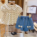 Cute Polka Dot Blouse and Denim Shorts Set for Girls, Fashionable Two-Piece Outfit, Kids Trendy Casual Wear